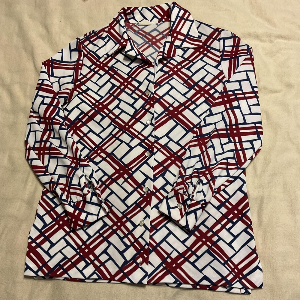 Vintage Sears Shirt Womens 14 White Red Blue‎ Geometric Print Button Front 70s